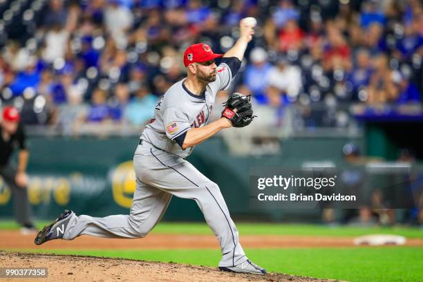 Marc Rzepczynski of the Cleveland Indians pitches during the ninth inning against the Kansas City Royals at Kauffman Stadium on July 2, 2018 in...