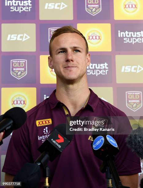 Daly Cherry-Evans speaks to the media during a Queensland Maroons Fan Day on July 3, 2018 in Hervey Bay, Australia.