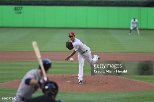 Miami Marlins pitcher Wei-Yin Chen throws a pitch to Matt Duffy of the Tampa Bay Rays during the first inning at Marlins Park Monday, July 2, 2018 in...