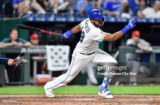 Kansas City Royals' Jorge Bonifacio follows through on an RBI single to score Rosell Herrera in the sixth inning during Monday's baseball game...