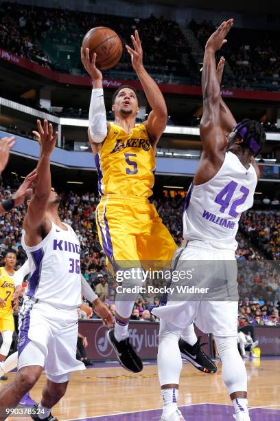 Josh Hart of the L.A. Lakers goes to the basket against the Sacramento Kings during the 2018 Summer League at the Golden 1 Center on July 2, 2018 in...