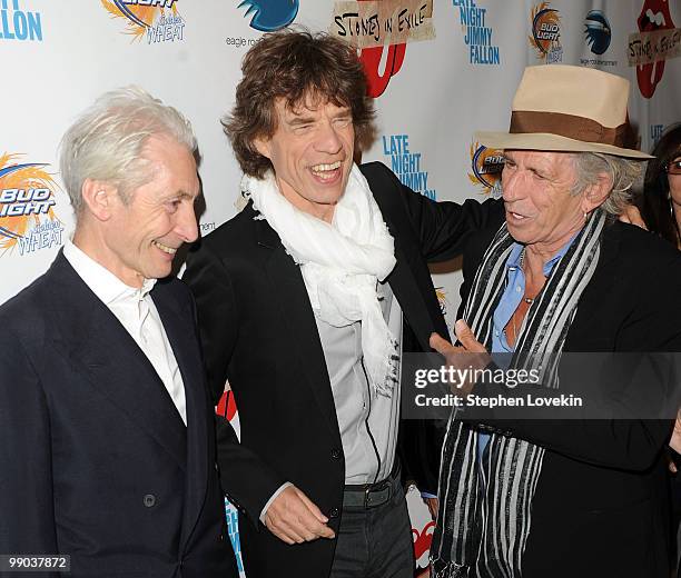 Musician Charlie Watts, singer Mick Jagger, and musician Keith Richards attend the re-release of The Rolling Stones' "Exile on Main St." album at The...