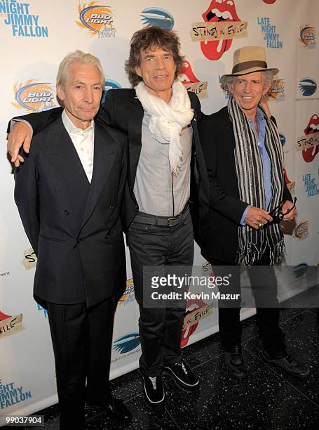 Charlie Watts, Mick Jagger and Keith Richards of the Rolling Stones attend the "Stones in Exile" screening at The Museum of Modern Art on May 11,...