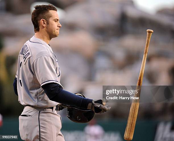 Evan Longoria of the Tampa Bay Rays reacts after his strikeout against the Los Angeles Angels during the first inning at Angels Stadium on May 11,...