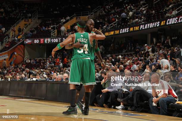 Paul Pierce and Kevin Garnett of the Boston Celtics embrace during a victory against the Cleveland Cavaliers in Game Five of the Eastern Conference...