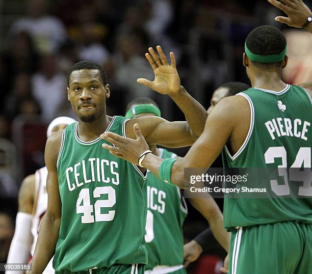 Paul Pierce of the Boston Celtics celebrates with Tony Allen while playing the Cleveland Cavaliers in Game Five of the Eastern Conference Semifinals...