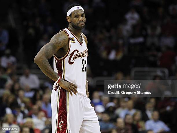 LeBron James of the Cleveland Cavaliers looks on while playing the Boston Celtics in Game Five of the Eastern Conference Semifinals during the 2010...