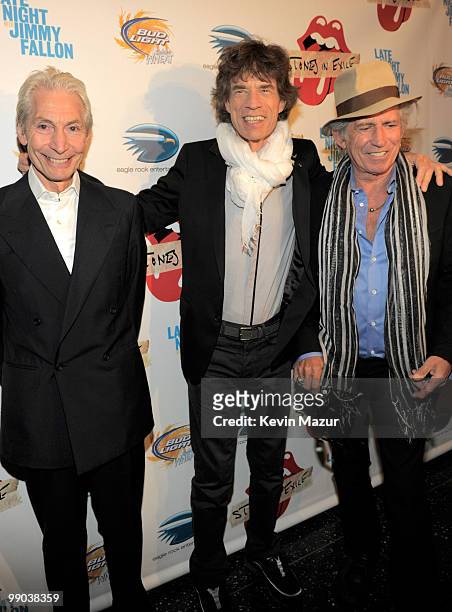 Charlie Watts, Mick Jagger and Keith Richards of the Rolling Stones attend the "Stones in Exile" screening at The Museum of Modern Art on May 11,...