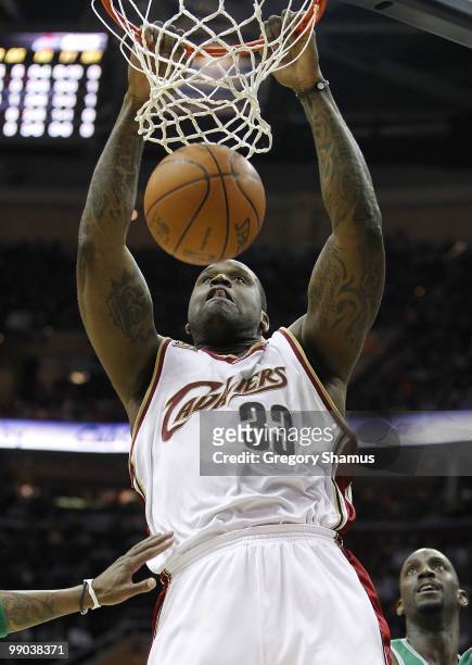 Shaquille O'Neal of the Cleveland Cavaliers gets in for in Game Five of the Eastern Conference Semifinals during the 2010 NBA Playoffs at Quicken...