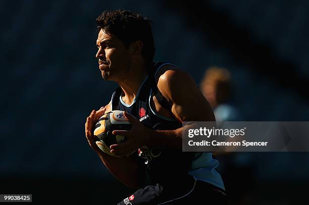 Daniel Halangahu of the Waratahs catches the ball during a Waratahs Super 14 training session at Sydney Football Stadium on May 12, 2010 in Sydney,...
