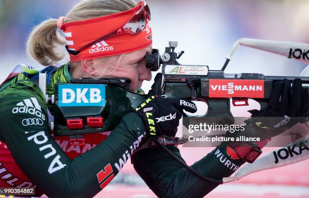 Biathlete Franziska Hildebrand from Germany at the shooting range during training for the Biathlon World Cup in the Chiemgau Arena in Ruhpolding,...