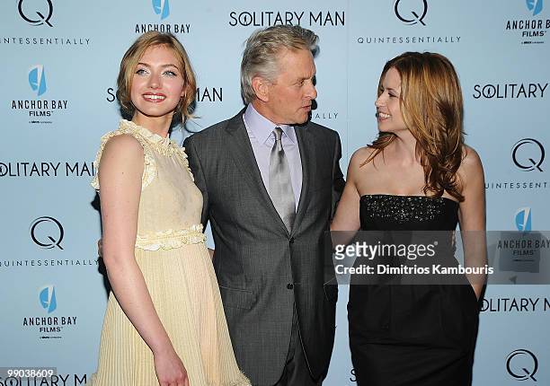Actress Imogen Poots, actor Michael Douglas and actress Jenna Fischer attend the premiere of "Solitary Man" at Cinema 2 on May 11, 2010 in New York...
