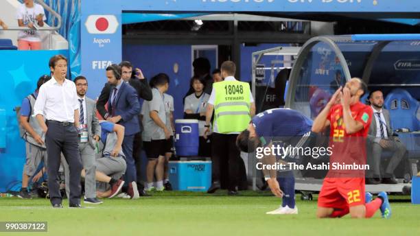Head coach Akira Nishino of Japan reacts after his side's 2-3 defeat in the 2018 FIFA World Cup Russia Round of 16 match between Belgium and Japan at...