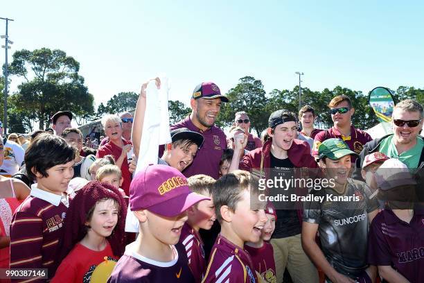Will Chambers is surrounded by fans during a Queensland Maroons Fan Day on July 3, 2018 in Hervey Bay, Australia.