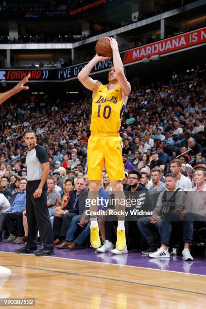 Svi Mykhailiuk of the Los Angeles Lakers shoots the ball against the Sacramento Kings during the 2018 Summer League at the Golden 1 Center on July 2,...