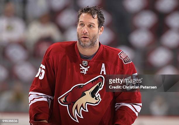 Ed Jovanovski of the Phoenix Coyotes warms up before Game Seven of the Western Conference Quarterfinals against the Detroit Red Wings during the 2010...