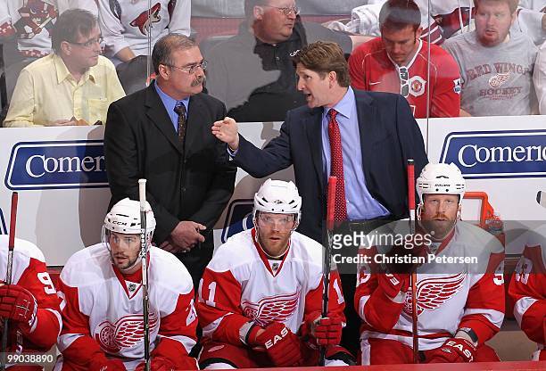 Head coach Mike Babcock and Paul MacLean of the Detroit Red Wings coach in Game Seven of the Western Conference Quarterfinals against the Phoenix...