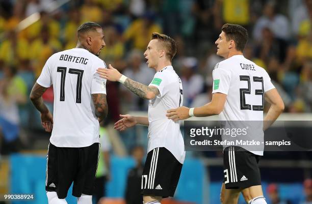 Jerome Boateng of Germany Marco Reus of Germany Mario Gomez of Germany during the 2018 FIFA World Cup Russia group F match between Germany and Sweden...