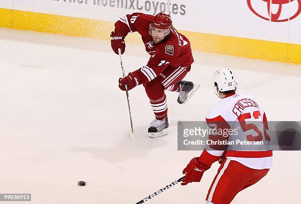 Matthew Lombardi of the Phoenix Coyotes passes the puck in Game Seven against the Detroit Red Wings of the Western Conference Quarterfinals during...