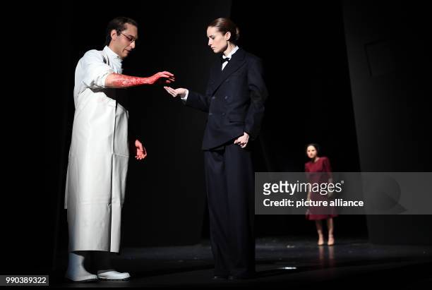 The actors Mehmet Atesci , Lea Draeger and Sesede Terziyan stand on stage during the picture rehearsal of the play 'Glaube Liebe Hoffnung' at the...