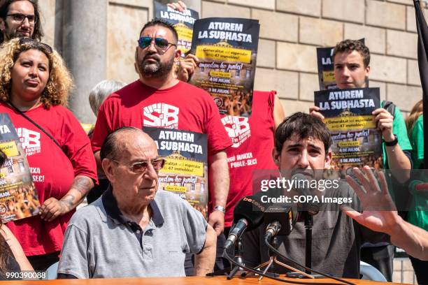 Group of activists for public housing seen speaking during the press conference. The Generalitat of Catalonia intends to auction this week 47...