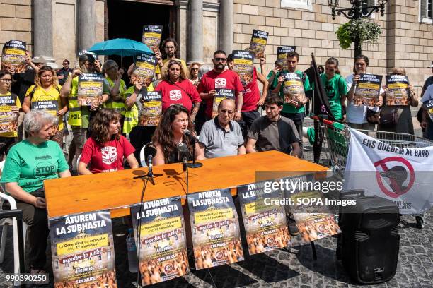 Group of activists for public housing seen speaking during the press conference. The Generalitat of Catalonia intends to auction this week 47...