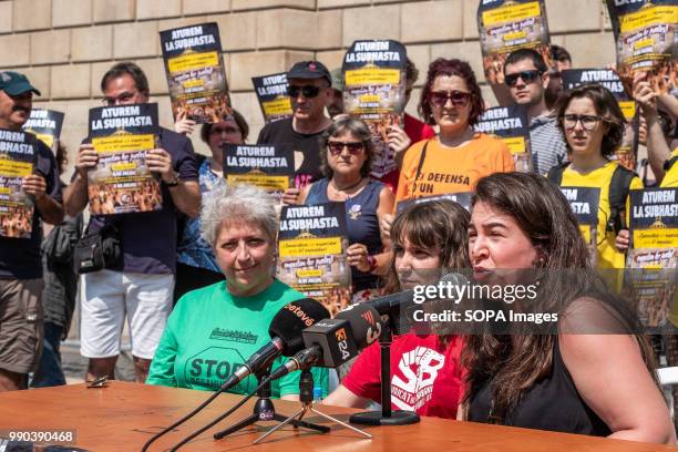 Group of activists for public housing seen speaking during the press conference. The Generalitat of Catalonia intends to auction this week 47...