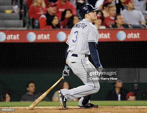 Evan Longoria of the Tampa Bay Rays watches his three run homerun for a 6-0 lead against the Los Angeles Angels during the seventh inning at Angels...