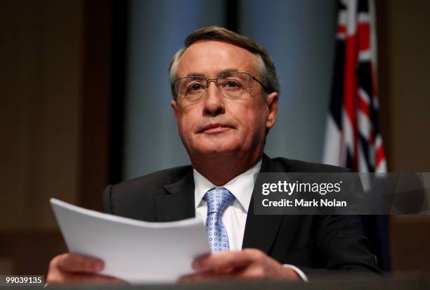 Australia's Federal Treasurer Wayne Swan prepares his post-budget address at Parliament House on May 12, 2010 in Canberra, Australia. Swan last night...