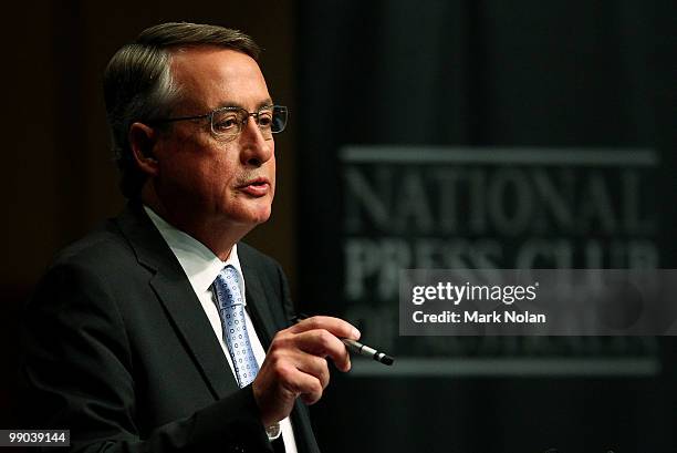 Australia's Federal Treasurer Wayne Swan speaks to the media during his post-budget address at Parliament House on May 12, 2010 in Canberra,...