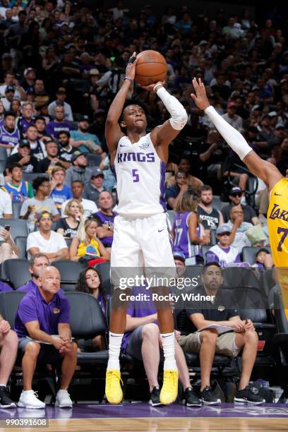 De'Aaron Fox of the Sacramento Kings shoots the ball against the Los Angeles Lakers during the 2018 Summer League at the Golden 1 Center on July 2,...