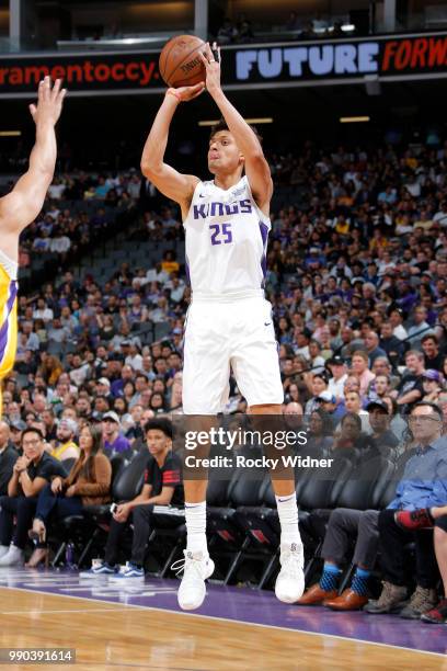 Justin Jackson of the Sacramento Kings shoots the ball against the Los Angeles Lakers during the 2018 Summer League at the Golden 1 Center on July 2,...