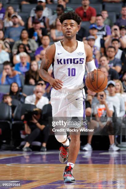 Frank Mason III of the Sacramento Kings handles the ball against the Los Angeles Lakers during the 2018 Summer League at the Golden 1 Center on July...