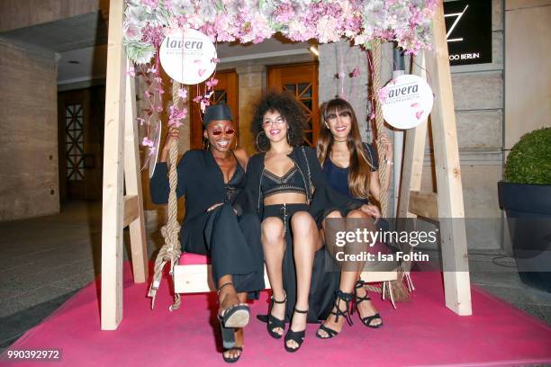 Model Toni Dreher-Adenuga alias Toni Loba , model Julianna Townsend and Model Sara Leutenegger during the Bunte New Faces Night at Grace Hotel Zoo on...