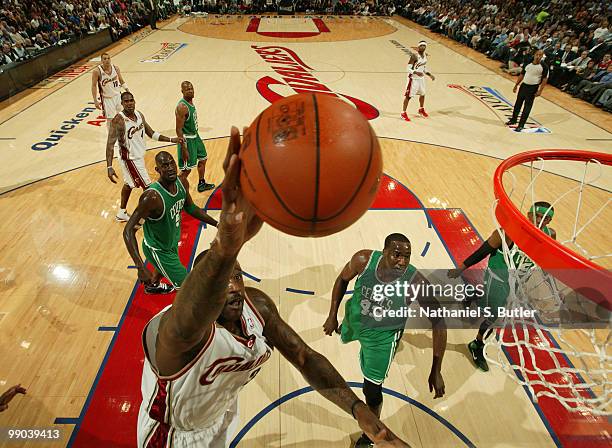 Shaquille O'Neal of the Cleveland Cavaliers shoots against the Boston Celtics in Game Five of the Eastern Conference Semifinals during the 2010 NBA...