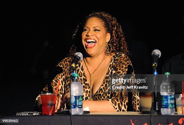 Judge actress Kim Coles speaks during the 2010 Cable Show Battle of the Bands for Cable Cares headlined by Band From TV at Nokia Theatre LA Live on...