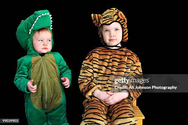 two boy wearing fancy dress costume - djurimitation bildbanksfoton och bilder