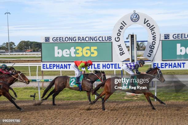 Missandei ridden by Jordan Childs wins the Rex Gorell Volkswagen BM58 Handicap at Geelong Synthetic Racecourse on July 03, 2018 in Geelong, Australia.