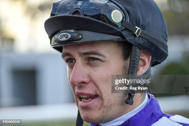 Jordan Childs after winning the Rex Gorell Volkswagen BM58 Handicap, at Geelong Synthetic Racecourse on July 03, 2018 in Geelong, Australia.