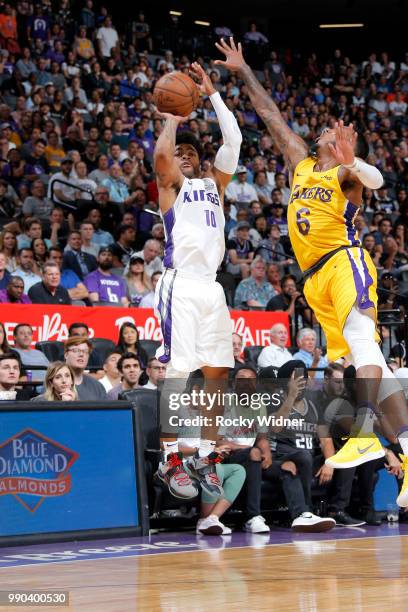 Frank Mason III of the Sacramento Kings shoots the ball against the Los Angeles Lakers during the 2018 Summer League at the Golden 1 Center on July...