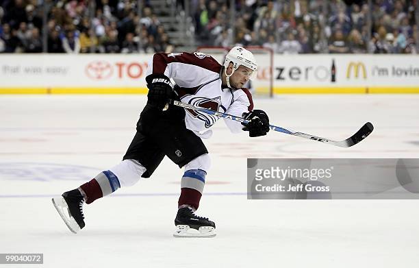 John-Michael Liles of the Colorado Avalanche skates against the Los Angeles Kings at Staples Center on February 13, 2010 in Los Angeles, California.