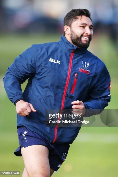 Colby Fainga'a of the Rebels looks upfield during a Melbourne Rebels Super Rugby training session at Gosch's Paddock on July 3, 2018 in Melbourne,...