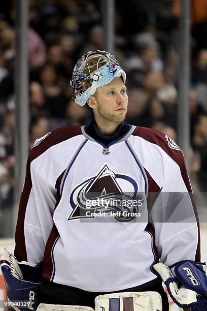 Goaltender Craig Anderson of the Colorado Avalanche looks on against the Los Angeles Kings at Staples Center on February 13, 2010 in Los Angeles,...