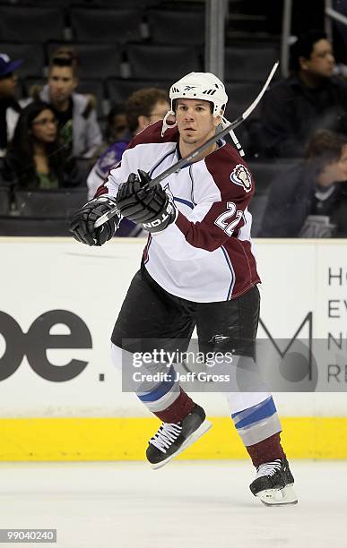 Scott Hannan of the Colorado Avalanche skates prior to the game against the Los Angeles Kings at Staples Center on February 13, 2010 in Los Angeles,...