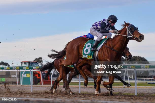 Lycka Till ridden by Michael Poy wins the Ritchie Bros Autioneers Winter Synthetic Sprint Series Heat 2 at Geelong Synthetic Racecourse on July 03,...