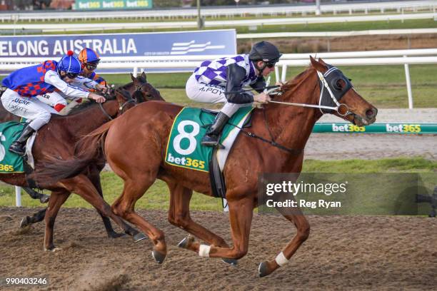 Lycka Till ridden by Michael Poy wins the Ritchie Bros Autioneers Winter Synthetic Sprint Series Heat 2 at Geelong Synthetic Racecourse on July 03,...