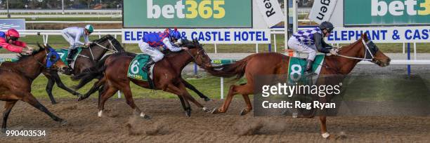 Lycka Till ridden by Michael Poy wins the Ritchie Bros Autioneers Winter Synthetic Sprint Series Heat 2 at Geelong Synthetic Racecourse on July 03,...
