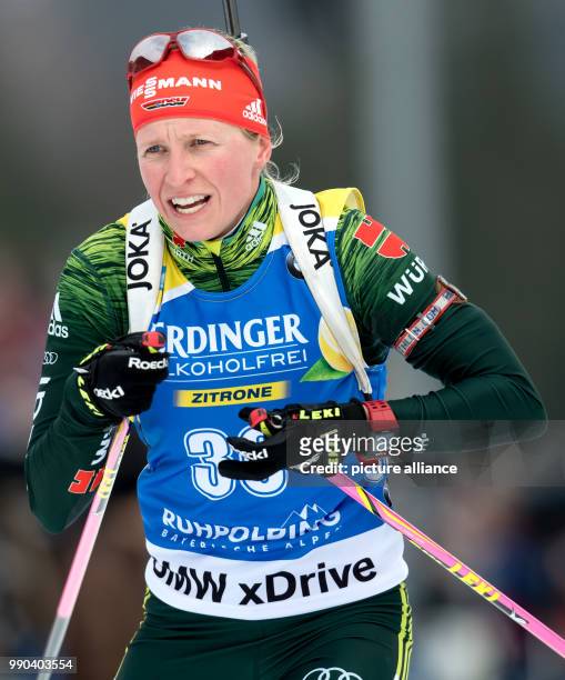 Biathlete Franziska Hildebrand from Germany jumps back into the race at Chiemgau Arena in Ruhpolding, Germany, 11 January 2018. Photo: Sven Hoppe/dpa