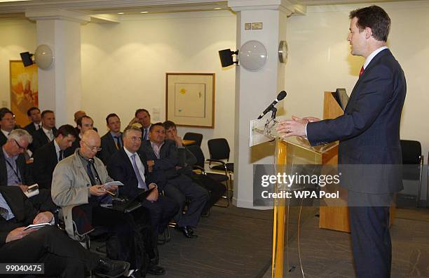 Liberal Democrats party leader Nick Clegg speaks at a press conference after a deal to form a coalition government with the Conservatives was...