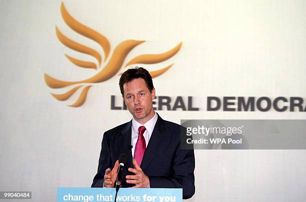 Liberal Democrats party leader Nick Clegg speaks at a press conference after a deal to form a coalition government with the Conservatives was...